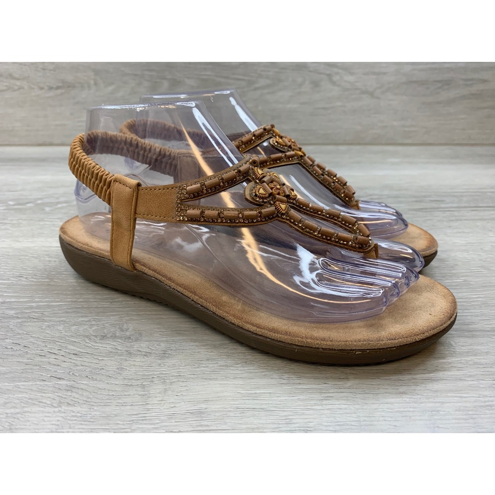 Patrizia by Spring Step Tan Beaded Floral T-Strap Slingback Sandals Women's 7